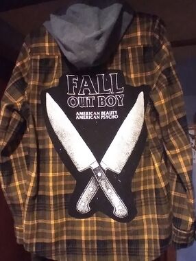 upcycled hooded flannel shirt w/ custom FALL OUT BOY back patch